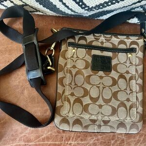 Coach Signature Slim Crossbody with Chocolate Logo &  Cranberry Silk Lining